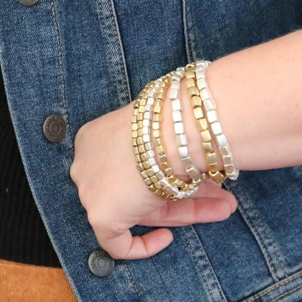 Women's Chunky Nugget Multi Strand Beads Set Of 7 Silver Gold Alloy Bracelets